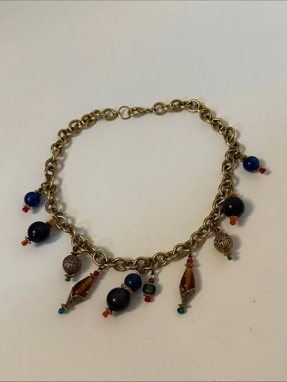 LES BERNARD UNSIGNED NECKLACE GOLD TONE CHAIN MULTI COLOR GRIPOIX GLASS 18” VTG